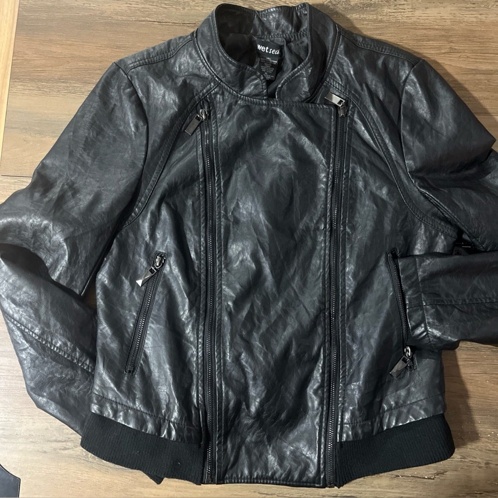 Wet Seal Jacket Women’s XL Black Faux Leather Moto Biker Jacket